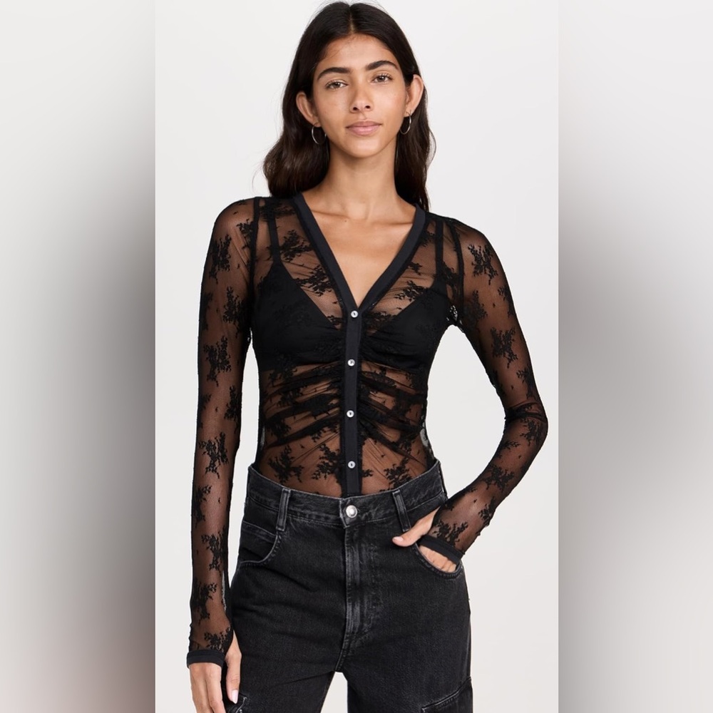 Free People Black Sheer Lace Button-Front Bodysuit - Size S